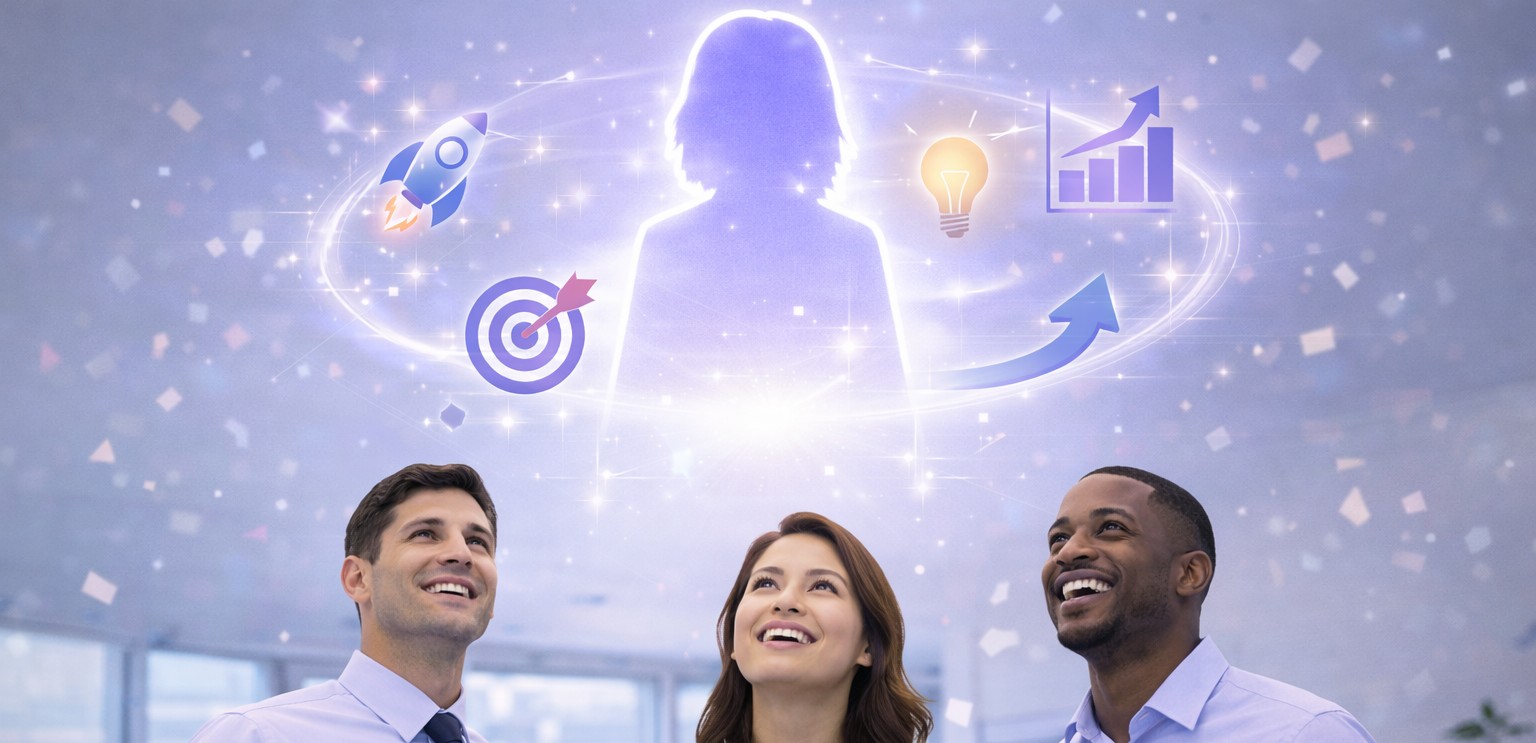 Three professionals looking up and smiling with digital icons